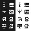 Set Computer api interface, Funnel or filter, Algorithm, Server, Data, Chat bot, Robot setting, and icon. Vector Royalty Free Stock Photo