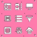 Set Computer api interface, Neural network, monitor, Server, Data, Funnel filter, and Chat bot icon. Vector Royalty Free Stock Photo