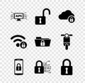 Set Computer api interface, Open padlock, Cloud computing, Smartphone with, Cyber security and Lock icon. Vector Royalty Free Stock Photo