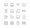 Set of computer and component icons, monitor, cable, adapter, mouse. Royalty Free Stock Photo