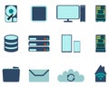 Set of computer and datebase icons. Flat Vector illustration on