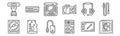 set of 12 computer devices icons. outline thin line icons such as processor, motherboard, memory card, headphones, chip, card