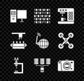 Set Computer monitor, Binary code, Coffee machine, Microscope, Server, Data, Web Hosting, Mirrorless camera, Factory Royalty Free Stock Photo