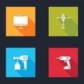 Set Computer monitor, Construction jackhammer, Paint spray gun and Electric cordless screwdriver icon. Vector