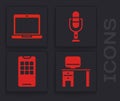 Set Computer monitor and desk, Laptop, Microphone and Mobile phone icon. Vector Royalty Free Stock Photo