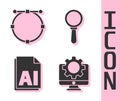 Set Computer monitor and gear, Circle with Bezier curve, AI file document and Magnifying glass icon. Vector Royalty Free Stock Photo