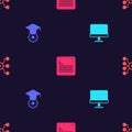 Set Computer monitor, Graduation cap, Web developer programming code and Neural network on seamless pattern. Vector Royalty Free Stock Photo