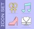 Set Computer monitor with heart, Female gender symbol, Woman shoe with high heel and Music note, tone with hearts icon