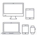Set of computer monitor, laptop, smart watch, tablet and mobile phone line icon. Vector isolated simple gadgets Royalty Free Stock Photo