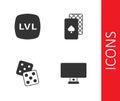 Set Computer monitor, Level game, Game dice and Playing cards icon. Vector Royalty Free Stock Photo
