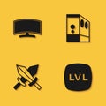 Set Computer monitor, Level game, Sword for and Case of computer icon with long shadow. Vector Royalty Free Stock Photo