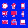 Set Computer monitor, Mail and e-mail, Laptop, Wrist watch, Board with graph, Mobile phone and Clock icon. Vector Royalty Free Stock Photo