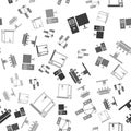 Set Computer monitor, Computer network, Factory conveyor system belt and 3D printer on seamless pattern. Vector