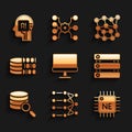 Set Computer monitor, Neural network, Processor CPU, Server, Data, Binary code, and Humanoid robot icon. Vector Royalty Free Stock Photo
