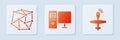 Set Computer monitor, Neural network and UAV Drone. White square button. Vector
