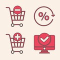 Set Computer monitor, Remove shopping cart, Discount percent tag and Add to Shopping cart icon. Vector Royalty Free Stock Photo