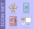 Set Computer monitor, Robot, Motherboard and Smartphone, mobile phone icon. Vector