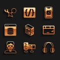 Set Computer, monitor screen, Headphones, Keyboard, Hacker coder, Server, Data, Web Hosting, Mobile Apps and Debugging Royalty Free Stock Photo