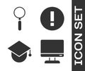 Set Computer monitor screen, Magnifying glass, Graduation cap on globe and Information icon. Vector Royalty Free Stock Photo