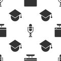 Set Computer monitor screen, Microphone and Graduation cap on globe on seamless pattern. Vector