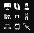 Set Computer monitor screen, Socks, Nerd geek, Headphones, Processor with CPU, Sword for game, Book and Postal stamp