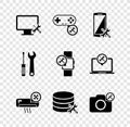 Set Computer monitor service, Gamepad, Smartphone, Air conditioner, Database server, Photo camera, Screwdriver and Royalty Free Stock Photo
