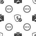Set Computer monitor, Shield with dollar and Price tag with New on seamless pattern. Vector