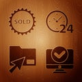 Set Computer monitor, Sold label, Cursor click document folder and Clock 24 hours on wooden background. Vector Royalty Free Stock Photo