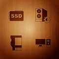 Set Computer monitor, SSD card, and Case of computer on wooden background. Vector Royalty Free Stock Photo