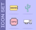 Set Computer monitor, SSHD card, Processor with CPU and USB icon. Vector Royalty Free Stock Photo
