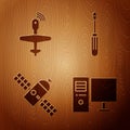 Set Computer monitor, UAV Drone, Satellite and Screwdriver on wooden background. Vector