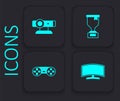 Set Computer monitor, Web camera, Award cup and Game controller joystick icon. Black square button. Vector Royalty Free Stock Photo