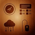 Set Computer mouse, Clock, Network cloud connection and Online quiz, test, survey on wooden background. Vector Royalty Free Stock Photo