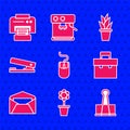 Set Computer mouse, Flower in pot, Binder clip, Briefcase, Envelope, Office stapler, Plant and Printer icon. Vector