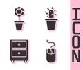 Set Computer mouse, Flower in pot, Drawer with documents and Cactus and succulent in pot icon. Vector
