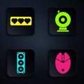 Set Computer mouse gaming, Like and heart, Stereo speaker and Web camera. Black square button. Vector Royalty Free Stock Photo