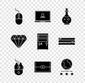 Set Computer mouse, Laptop, Bottle with magic elixir, gaming, Chest for game, network, Diamond and icon. Vector Royalty Free Stock Photo