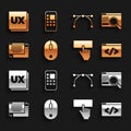 Set Computer mouse, UI or UX design, Front end development, Keyboard, Bezier curve, and Mobile Apps icon. Vector Royalty Free Stock Photo