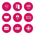 Set Computer mouse, Video graphic card, Processor with CPU, Keyboard, SSD, monitor screen, Web camera and icon. Vector Royalty Free Stock Photo