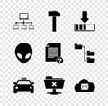 Set Computer network, Hammer, Loading, Taxi car, FTP cancel operation and Cloud mail server icon. Vector Royalty Free Stock Photo