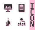 Set Computer network, Monitor with graph chart, Data export and Server, report icon. Vector Royalty Free Stock Photo