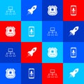 Set Computer network, Rocket ship with fire, Police badge and Mobile recording icon. Vector Royalty Free Stock Photo