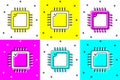 Set Computer processor with microcircuits CPU icon isolated on color background. Chip or cpu with circuit board. Micro Royalty Free Stock Photo