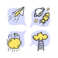 Set concept pictograms of illustration creative symbol in doodle style blue and yellow color. Paper plane, space rocket