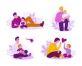 Set of concept of spending time together father and children. Happy family in nature. Vector illustration in flat