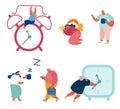 Set of Concept Time Management Illustrations Businessman in a Hurry, Alarm Clock Rings, Sleeping Woman with Coffee