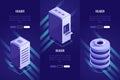 Set of 3 conceptual headings.Data storage and web hosting.Cloud computing concept. 3d isometric style