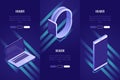 Set of 3 conceptual headings about mobile devices. Landing page template for selling mobile devices. Isometric style