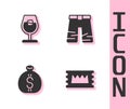 Set Concert ticket, Wine glass, Money bag and Wide pants icon. Vector