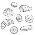 Set of confectionery. Illustrations for coffee houses or cafes. Hand drawn vector illustration. Monochrome black and Royalty Free Stock Photo